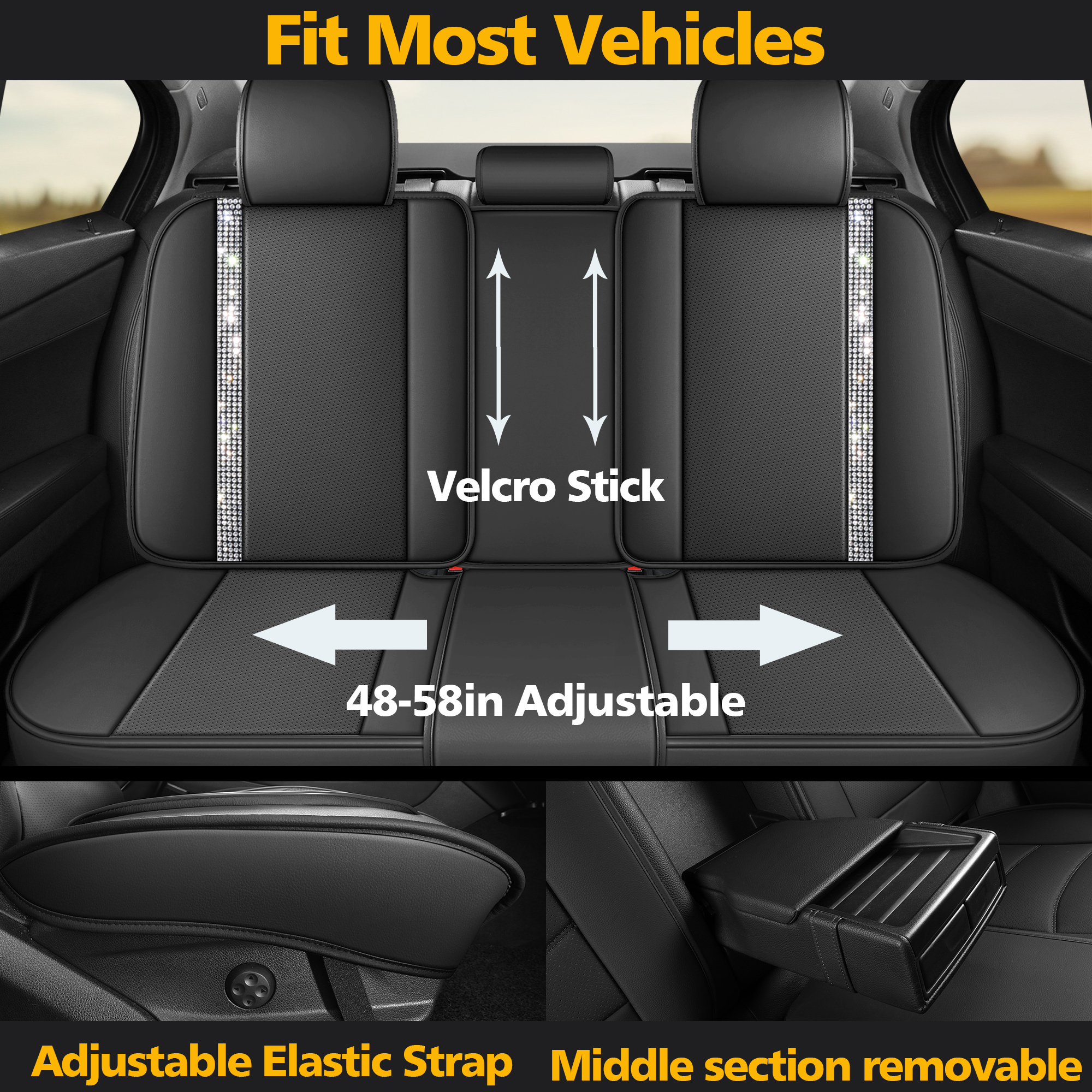 Premium Full Car Seat Covers for 5 Seats with Black Crystal Accents, High-Value Luxury Auto Interior Refresh Kit, Universal Fit for Cars SUVs Trucks