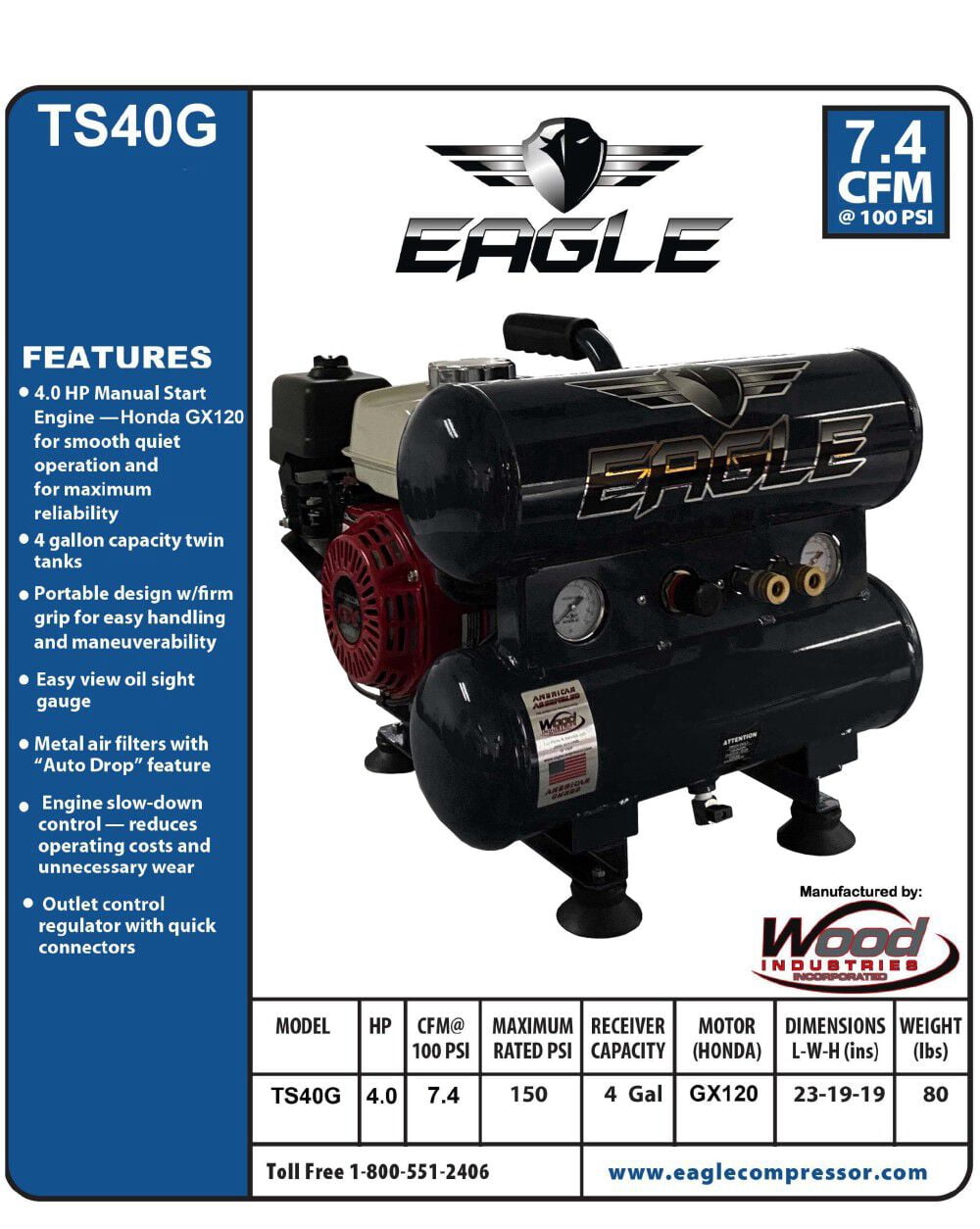 Eagle Compressor Portable Gas Twin Tanks Air Compressor 4 Gallon