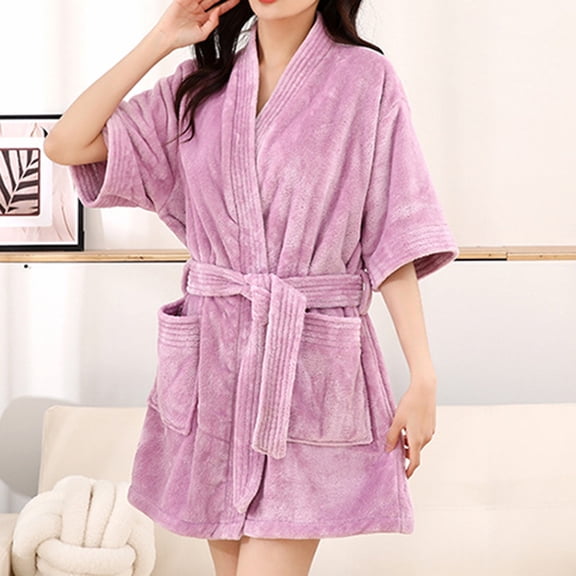 Ladies Pajamas , Women's Thickened Fleece Plaid Drying Absorbent Bandage Hooded Bathrobe Robes Style B-8 New Plus Size Sleepwear Purple One Size