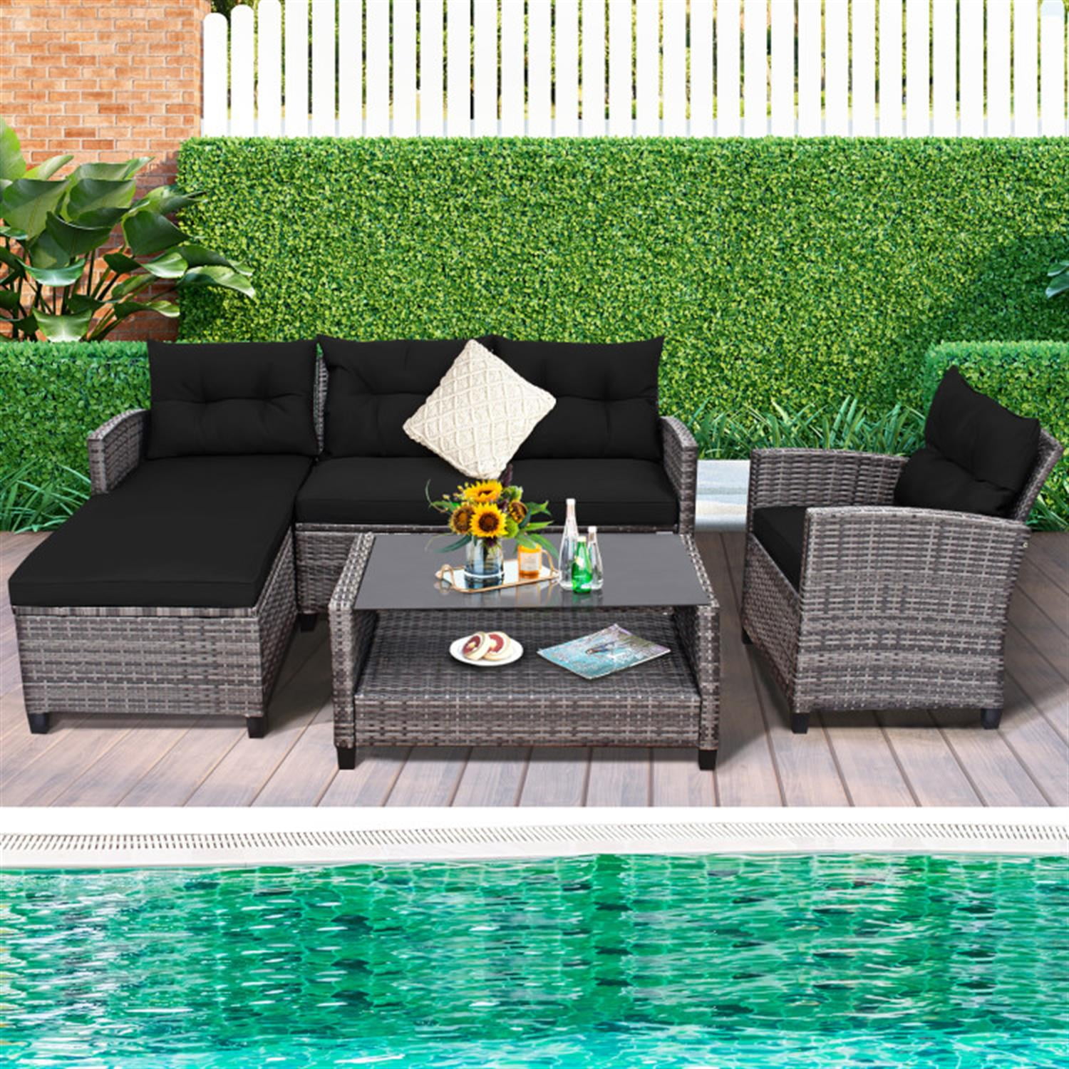 Demi Bonn 4 Pieces Patio Furniture Set Rattan Sofa with Cushion and 2-Tier Coffee Table for Yard, Pool or Backyard, Black