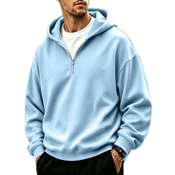 Men's Quarter Zip Hoodie Oversized Pullover Sweatshirt, Drawstring Hood Long Sleeve Athletic Workout Outdoor Casual Hooded Top Light Blue 3XL