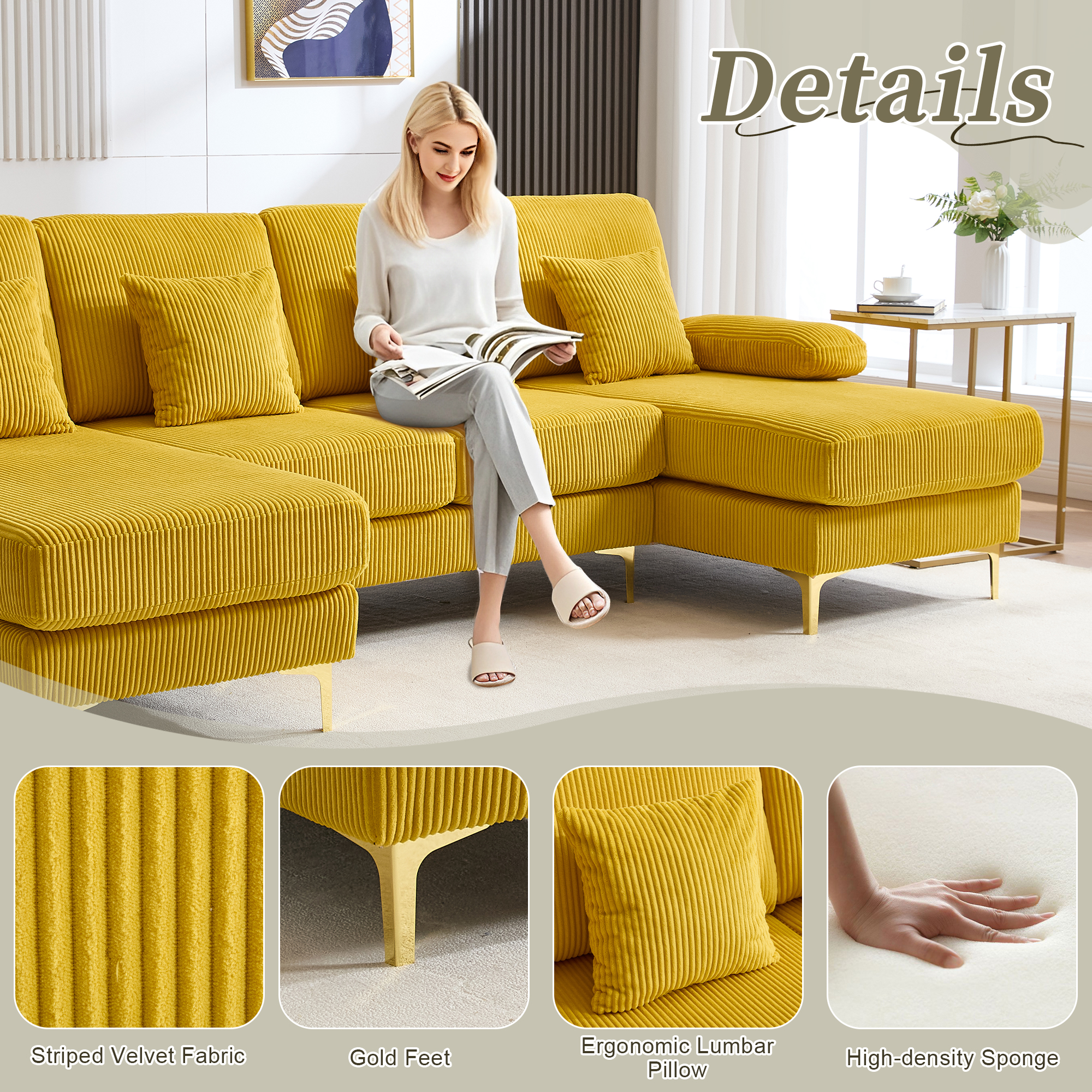 Homefun U-Shaped Corduroy Sectional Sofa 4-Seat with 2 Chaise Large Couches with USB Intelligent Lighting