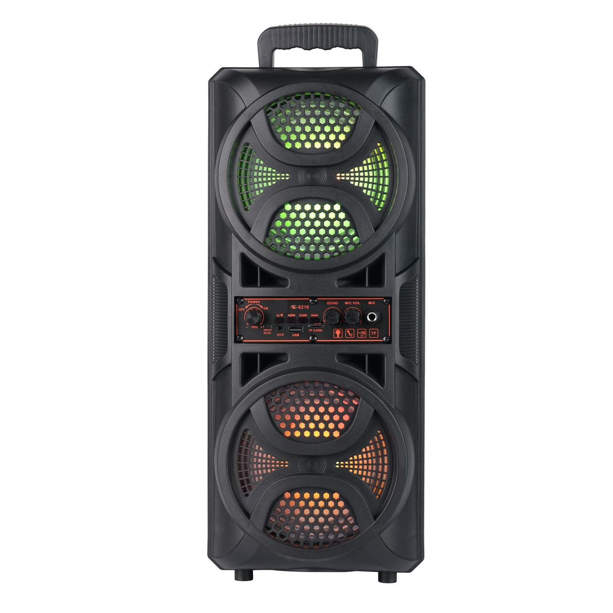Toytexx Portable Bluetooth Party Speaker with Dual 6.5-Inch Subwoofers, RGB LED Lights, FM Radio, TWS Pairing, USB/TF/AUX Inputs & Microphone Included, Black