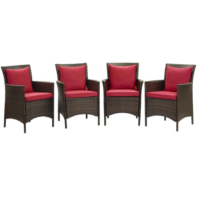 Modway Conduit Outdoor Patio Wicker Rattan Dining Armchair Set of 4 in Brown Red