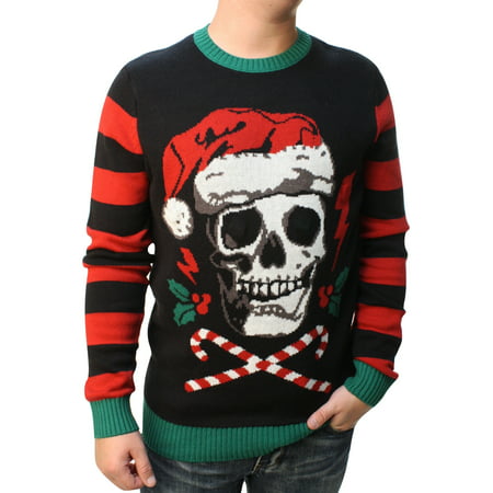 Ugly Christmas Sweater Men's Skull Santa Hat Light Up Pullover Sweatshirt