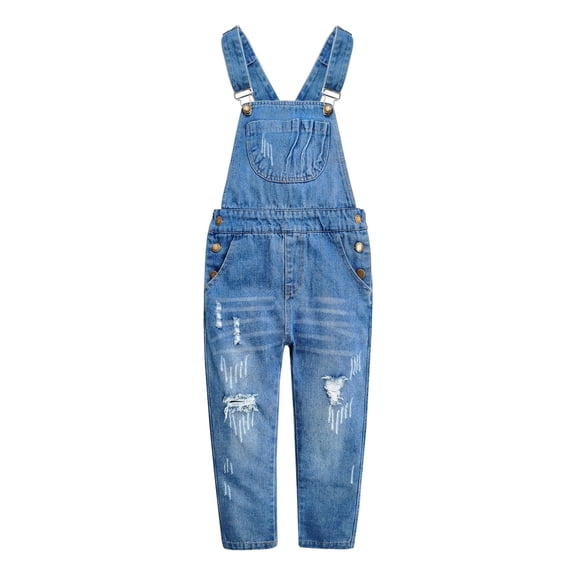 Overoles de Mezclilla Rasgados Para Niñas y Niños, Pantalones Vaqueros de Algodón Desgastados Lavados, KIDSCOOL SPACE, Azul Claro, 7-8 Años