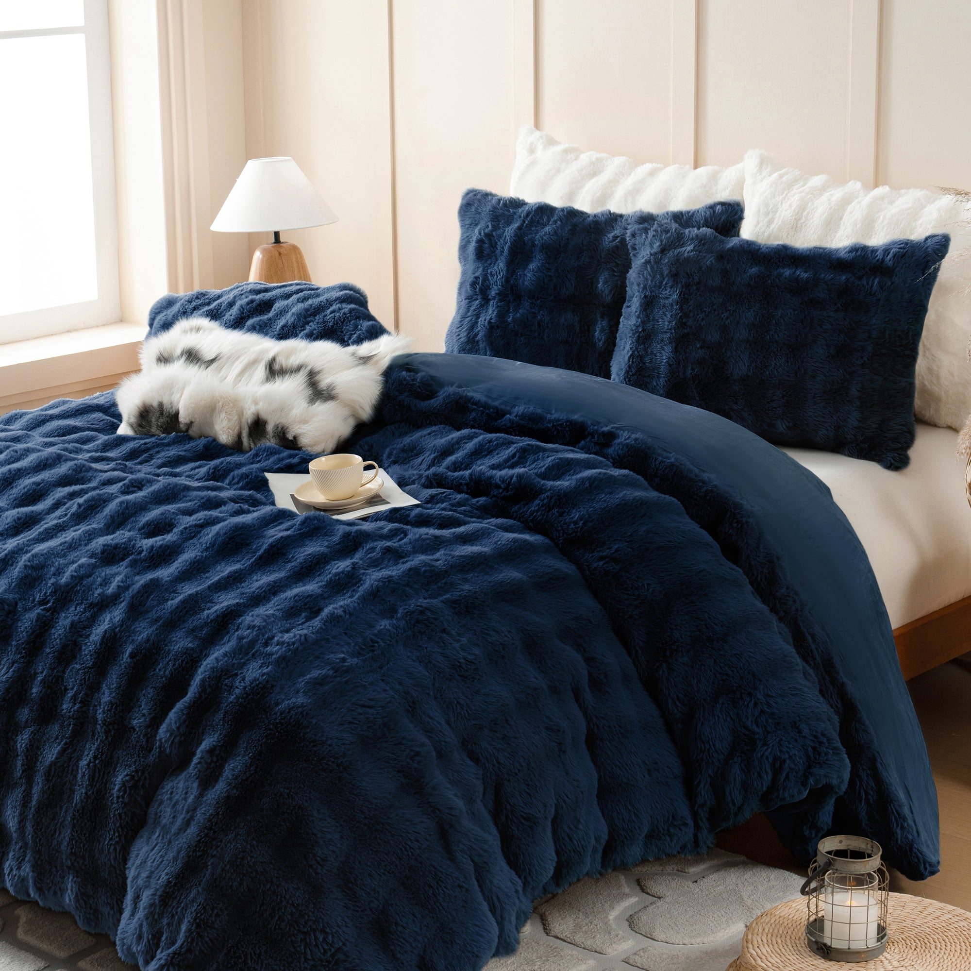 BLEUM CADE 3 Piece Fluffy Comforter Set King Size,Fuzzy Soft Faux Rabbit Fur Bedding Set,Shaggy Plush Duvet Cover Set with 2 Pillowcases,Navy Blue