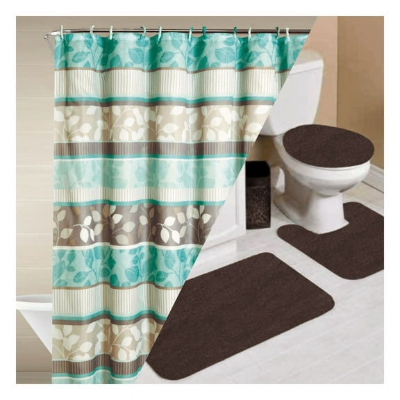 LUXURY DÉCOR ZEN 16PC BATHROOM SET MULTICOLOR DESIGN STYLE INCLUDES 1 FABRIC SHOWER CURTAIN 72"X 72"12 COVERED HOOKS 1 BATH MAT 18"X 30" 1 CONTOUR MAT 18"X 18" 1 LID COVER 18"X 18"