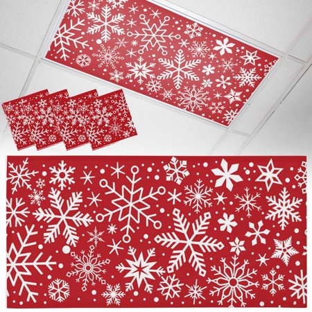 Winter Snowflake Fluorescent Light Covers Christmas Retro Red Background Magnetic Light Filters Ceiling Lighting Panel Shade for Classroom Office Home 2 x 4 ft 4 Pack