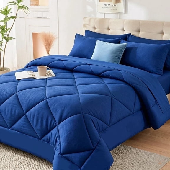 BDEUS 7 Pieces Comforter Set Queen,Bed in A bag,All Seasons Bedding sets with Comforter,Fitted Sheet,Flat Sheet,Pillowcases & Shams,dark blue