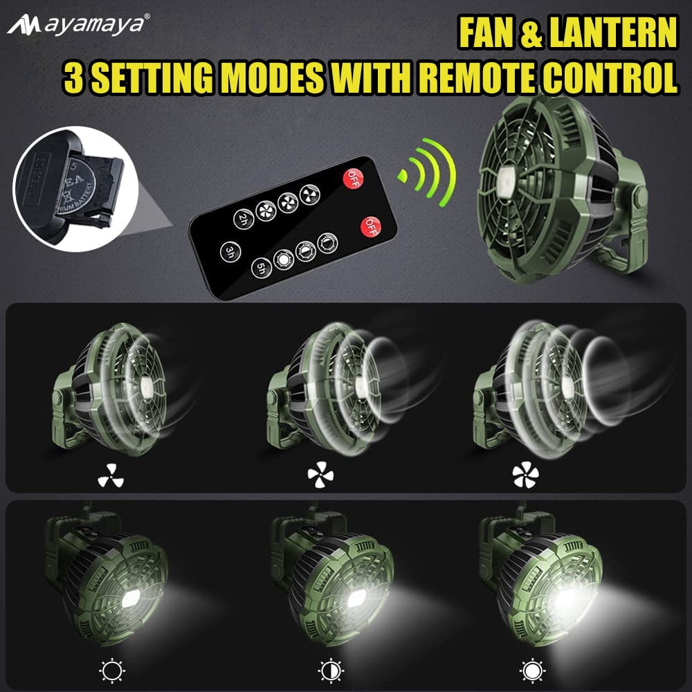 Rechargeable Camping Fan with LED Light & Remote Control, AYAMAYA 7800mAh  Portable USB Lantern Tent Fan for  Car Ceiling Green