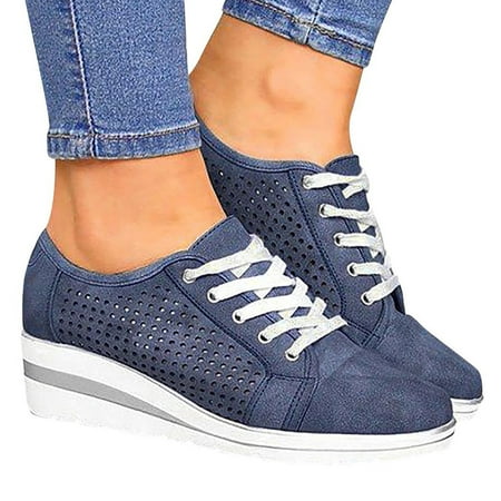 

f21 Women s Shoes Hollow Breathable Increased Lace-up Mid-heel Casual Shoes Womens Wedge Sneakers Size 7.5 Blue Wide