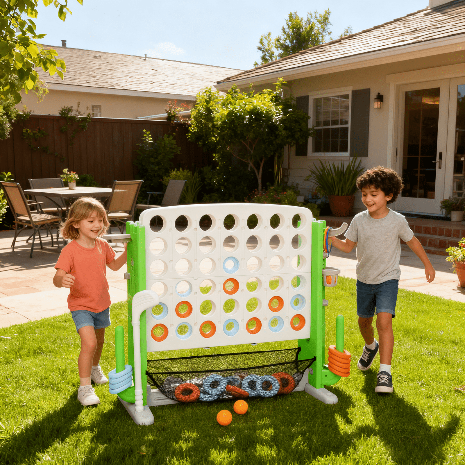 Jumbo 4-to-Score Connect Game Set: Height-Adjustable Yard Game with Golf, Basketball Hoop, Ring Toss & Mesh Bag for Kids & Adults, White Green