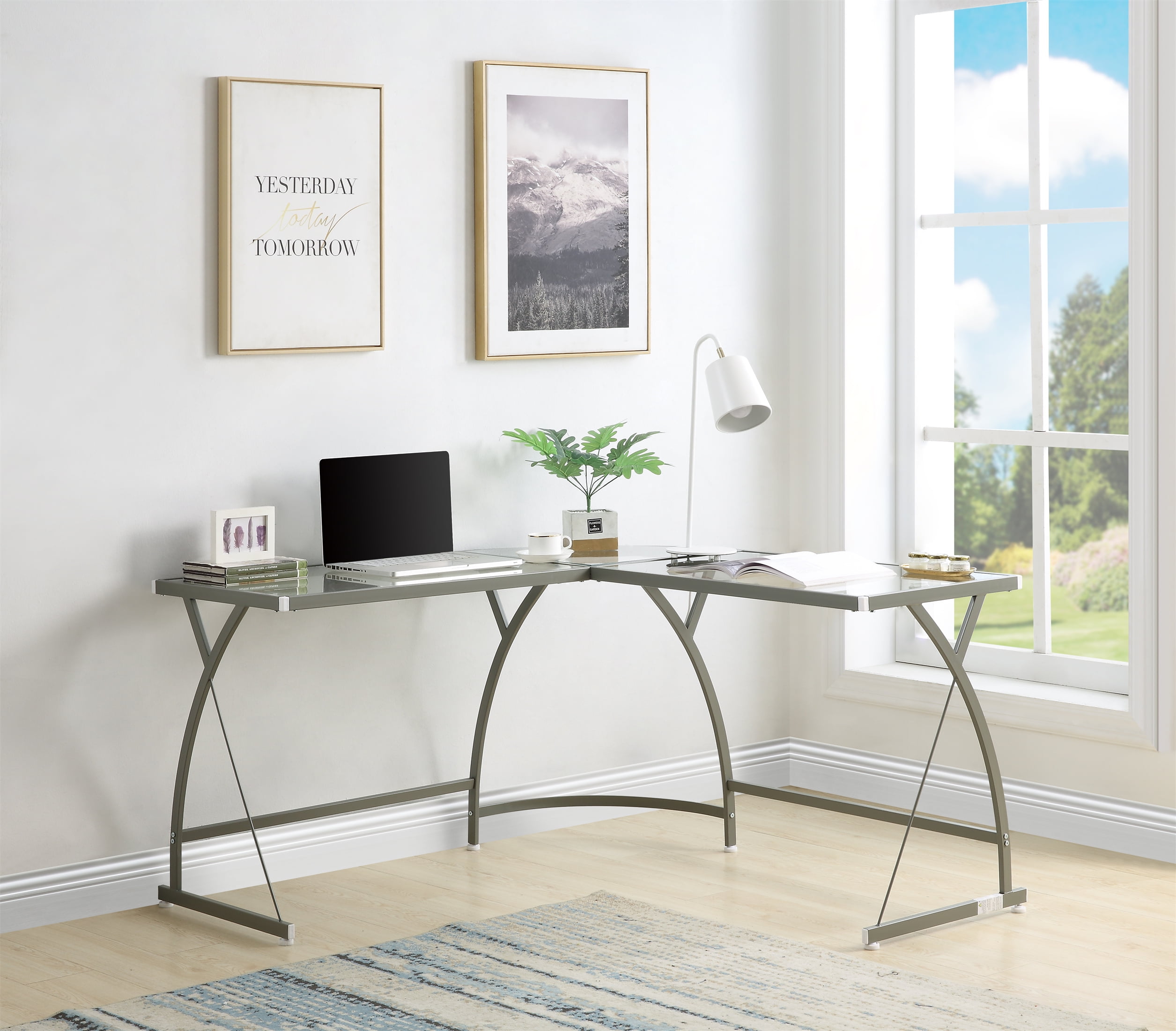 Aukfa Computer Desk Modern Corner L Shaped Desk in Clear Glass and