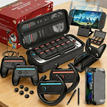 HEYSTOP Switch 2 Accessories Bundle for Nintendo,Switch 2 Accessories Kit 2025 for Nintendo,25 in 1 Game Kit:Carrying Case,Screen Protector,Grips for JoyCon Controller Console,Earphone, Charging Dock