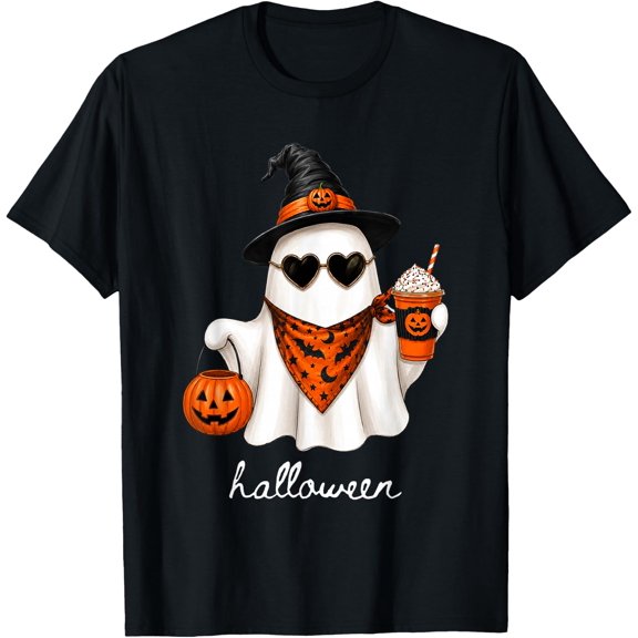 Cute Ghost Witch Hat Pumpkin Coffee Halloween Spooky Season T-Shirt