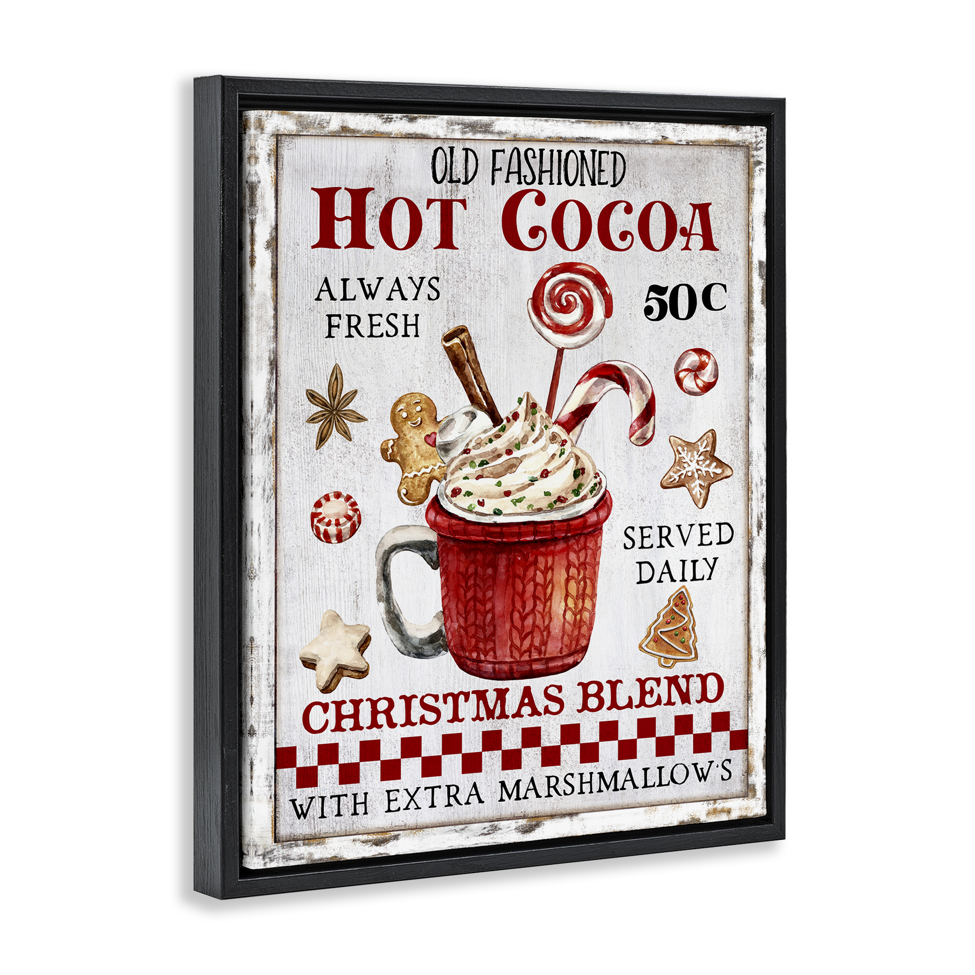 Stupell Industries Vintage Hot Cocoa Holiday Painting Black Floater Framed Canvas Art Prints Wall Art, 25 x 31