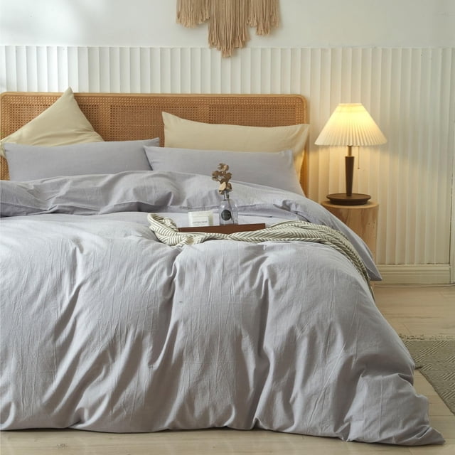 Washed Cotton Duvet Cover Set Linen Feel Natural Wrinkle Lightweight Comfy (King Linen)