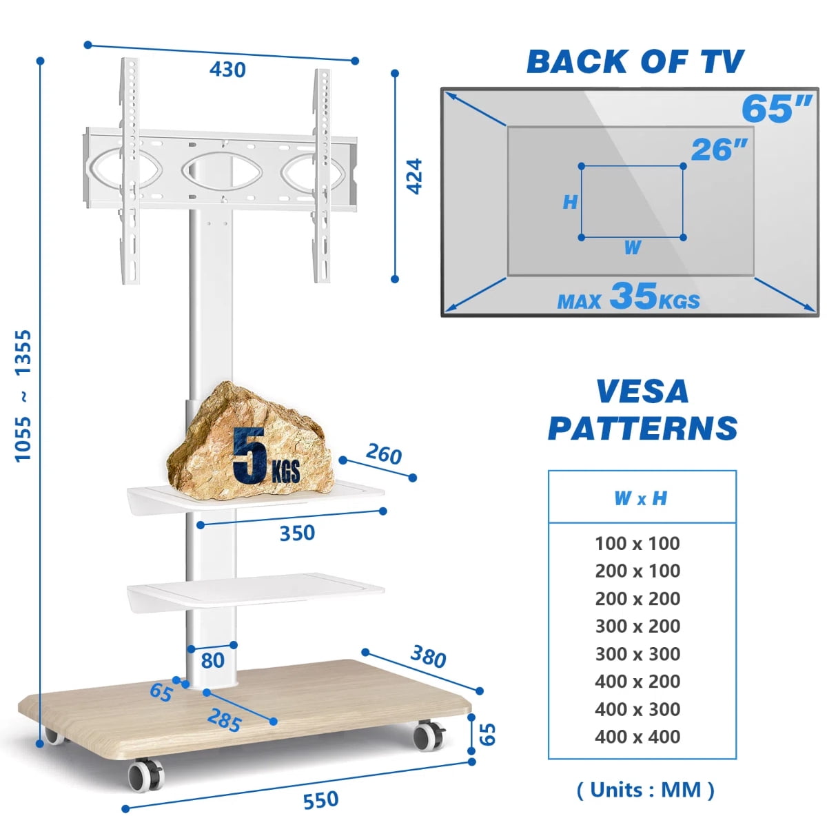 TAVR Furniture Swivel Rolling TV Stand, Height Adjustable Mobile TV Cart for 26-65 Inch TVs for Bedroom, Home Office, Kitchen,White
