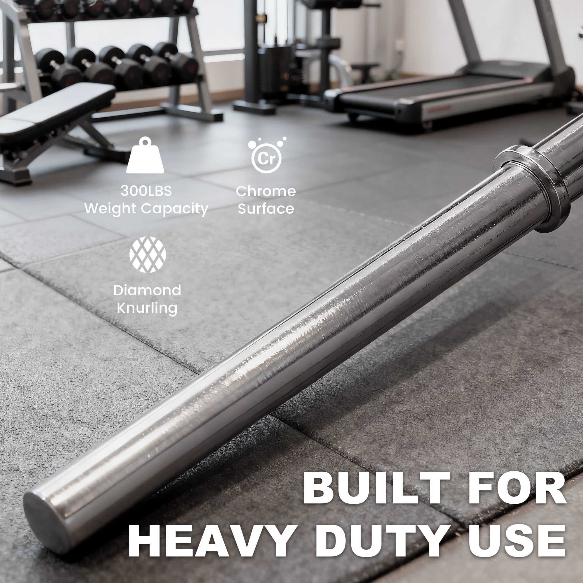 FlexWave Straight Barbell Bar, Alloy Steel, 1-Inch Standard Diameter, Silver Finish, Available in 5FT, 6FT, and 7FT