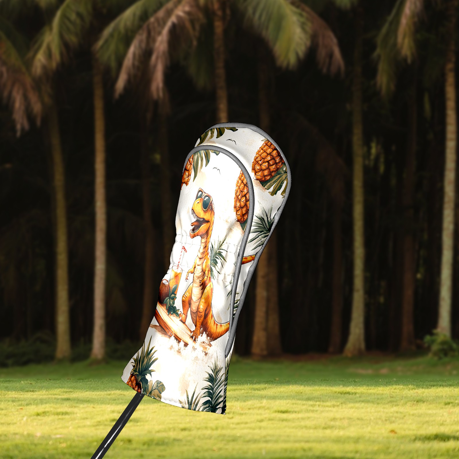 Golf Club Covers, Cream Dino Tropical Premium PU Leather Driver Hybrid Putter Head Covers with Velvet Lining, Waterproof Golf Gifts for Men Women