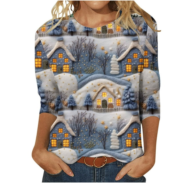 Birdeem Blouse Mode Femme Manches Trois-Quarts Col Rond Rétro Imprimé de Pâques Ample