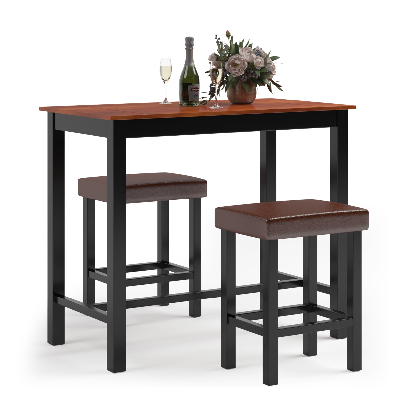 Costway 3 Piece Pub Table Set Counter Height Kitchen Breakfast Bar