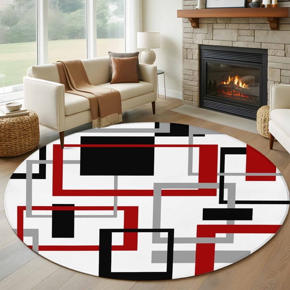 Red Black Geometric Round Rug 5ft Washable Circle Kitchen Rugs Non Slip Farmhouse Minimalist Abstract Art Large Area Rug Indoor Floor Carpet for Bedroom Living Room Home Office Dining Room Nursery