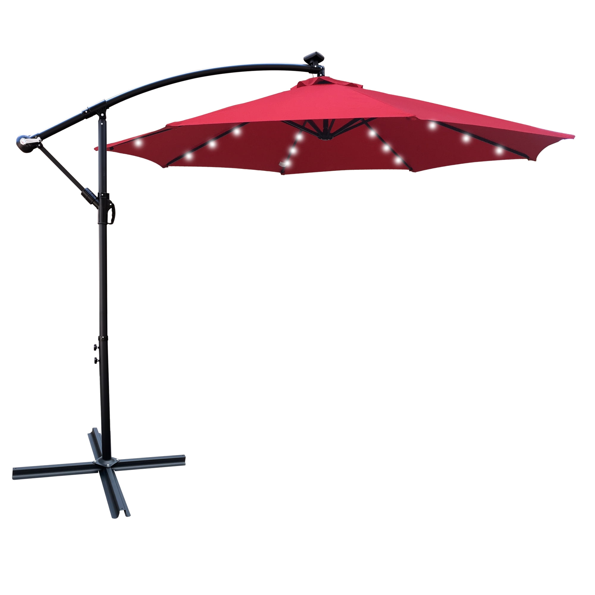 10 FT Round Outdoor Patio Umbrella, Solar LED Lighted Waterproof Sun Shade Umbrella with Stable Base, Red