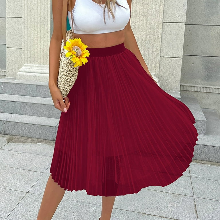 Solid Color Layered Mesh Skirts for Women Stretchy High Waist Pleated Midi  Skirt Summer Flowy Casual A-Line Skirts 
