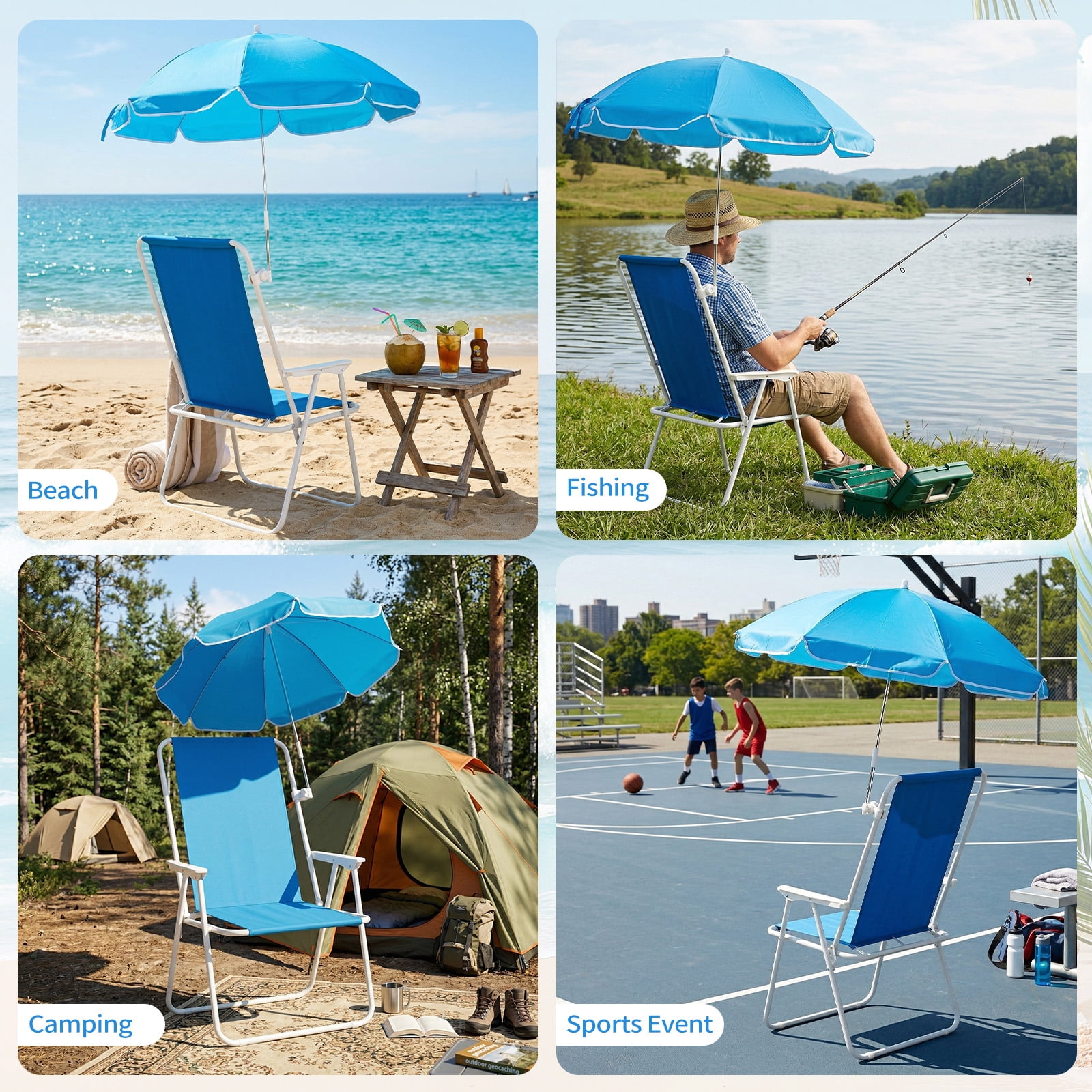 Folding Beach Chair with Detachable UV Umbrella, High Back Outdoor Lounge Chair with Armrest, Iron Frame Supports 265lbs, Lightweight Portable Foldable Chair for Beach Park Camping Concert