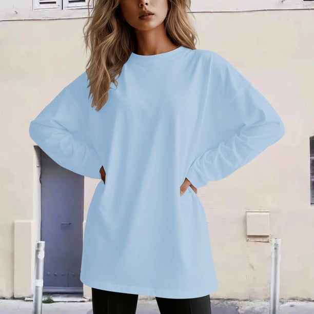 MHFRRA Camiseta de Manga Larga Suave y desgastada, Informal, Holgada, para Uso Diario y Cómoda. Azul Claro