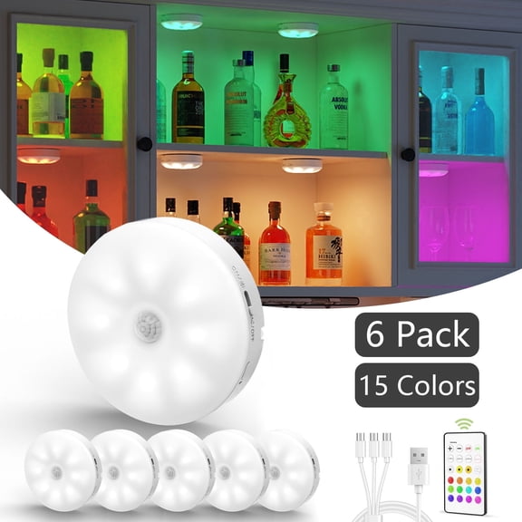 EZVALO 1000mAh Rechargeable Puck Lights with Remote, Motion Sensor Under Cabinet Lighting, 3 Color Temps & 12 RGB Colors, Dimmable Magnetic Stick-On Lights for Kitchen Closet, 6-Pack