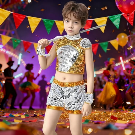 MEZZALL Kids Performance Sparkling Stage Outfits Girls Boys Dance Recital Glamour Show Wear With Shimmering Glitter Design Stylish Clothing Sets
