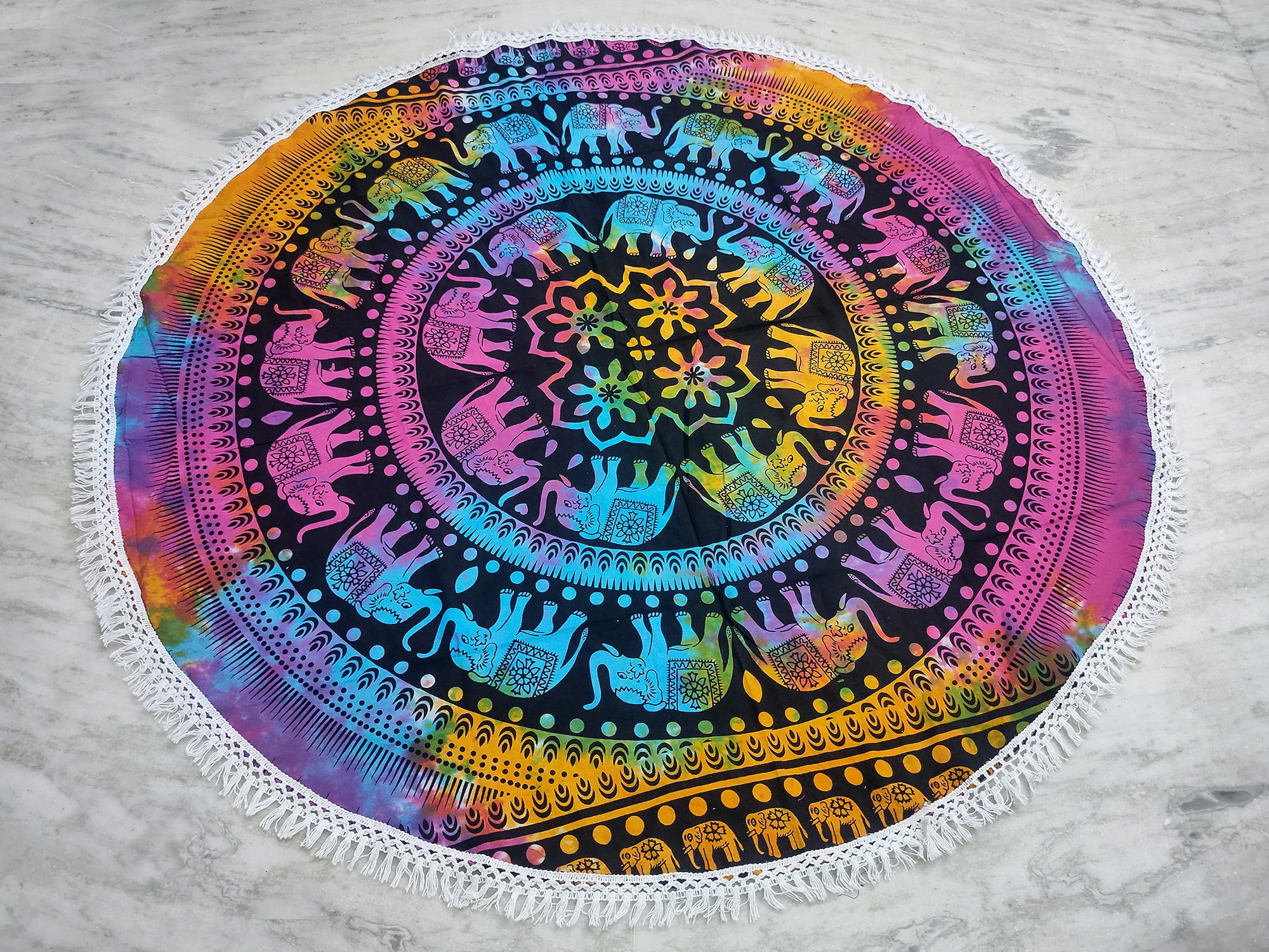 Indian Mandala Round Beach Tapestry Boho Cotton Table Cloth Black and White  Hippie Bohemian Yoga Mat Roundie Meditation Picnic Rugs - 42 Inches 