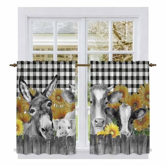 Farm Animals Sunflowers Kitchen Curtain for Berdoom Living Room Cafe 54 Inch Length, Black White Checkered Plaid Tiers Curtains Light Filtering Drapes Rod Pocket Window Treatment 2 Panels 52"Wx54"L