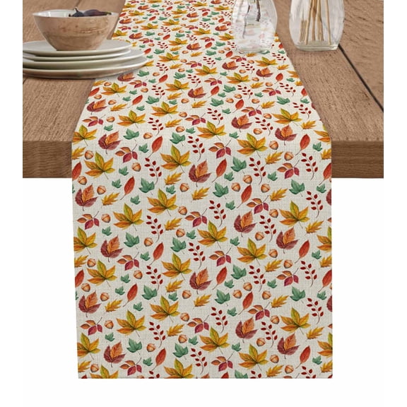 ERUNPONLY Maple Leaf Fall Table Runner - 72 Inch Long Thanksgiving Pastoral Botanical Beige Cotton and Linen Blended Dress Scarves Farmhouse Table Runner for Kitchen Dining, Coffee Table, 16"x72"