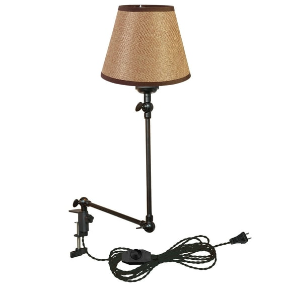 Kiven Plug-in Modern Clip-on Desk Lamp, 1-Light Modern Nightstand Lamp with Flexible Arm, Brown Drum Fabric Lampshade, 8.2FT Plug in Cord, Decorative Clamp Lamp for Office Home Bookshelf Bedside