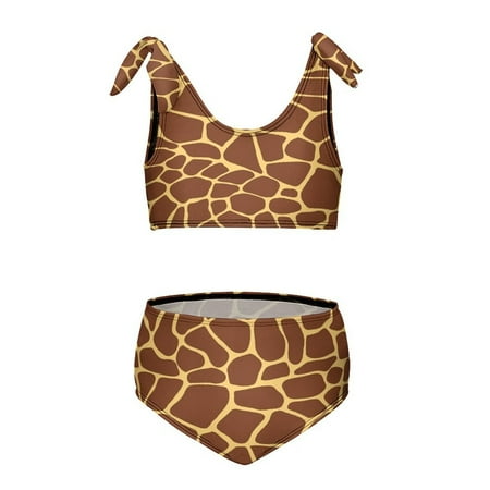 Brown Yellow Giraffe Print Pattern Girl s 2 Piece Bikini Set Beach Sport Swimsuit Swimwear 10-12Y150cm