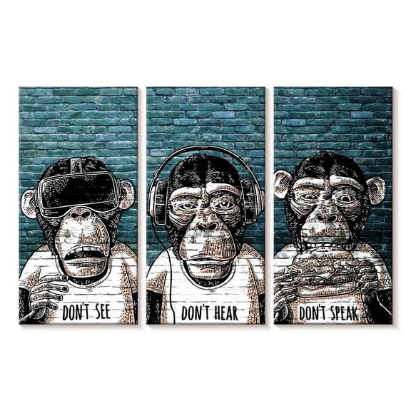 Elephant Stock Three Monkeys Wall Art - Horizontal Multi Panel Canvas - Living Room Wall Decor - Animal Multi Panel - Black And Teal Decor - 23" x 14"