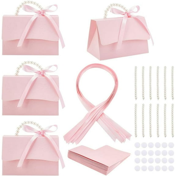 12 Sets Wedding Favors Box DIY Set Pink Kraft Paper Box with Pearl Handle Ribbons Stickers Gift Boxes for Birthday Party Favor Boutique Wedding and Anniversary 12 Set