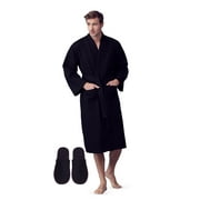 Bath Robe with Slipper Set - Waffle Square Pattern Spa Garment with 2 Front Pockets, Flat Collar & Belt - 60% Cotton and 40% Polyester Blend - Absorbent, Breathable, Lightweight & Soft Fabric for Men