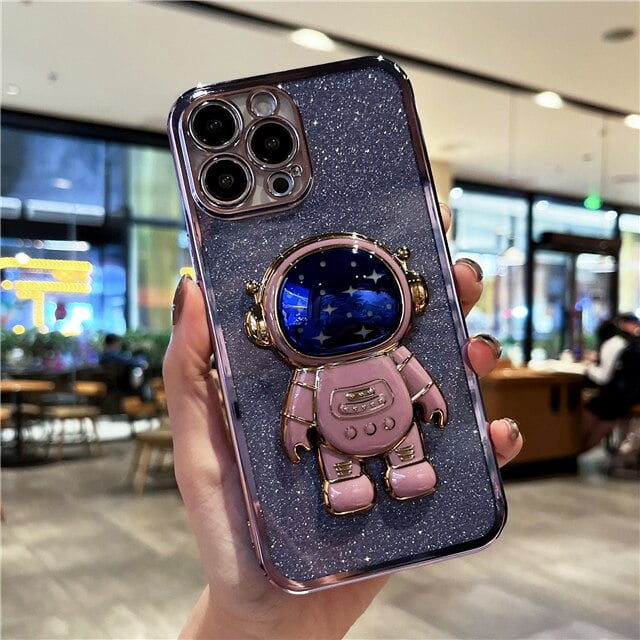 Funda de teléfono chapada de lujo con brillo para iPhone, carcasa con soporte de Flash y astronauta para iPhone 11, 12, 13, Mini, 14 Pro Max, X, XR, XS, 7, 8 Plus, SE Fivean unisex