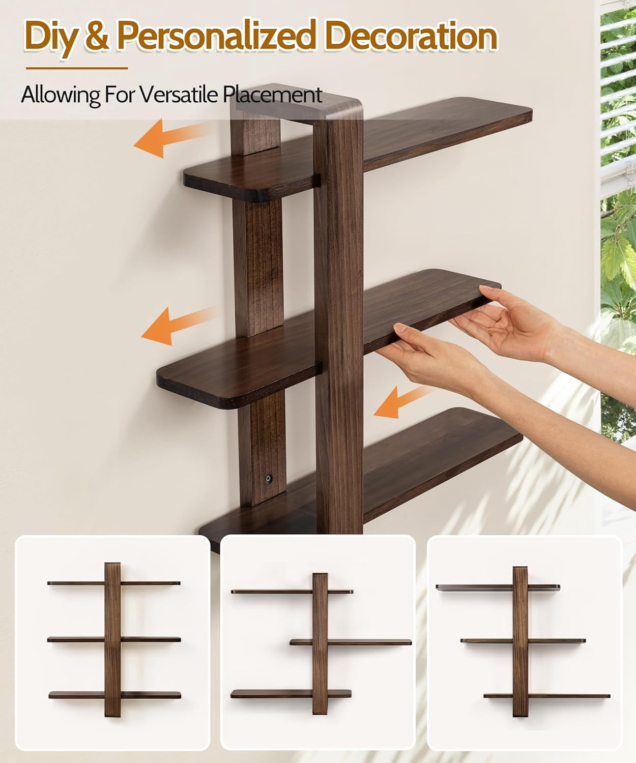Gronda Walnut Floating Shelves for Living Room Bathroom Bedroom, Mid Century Modern Wood Wall Shelves, 3 Tier Adjustable Plant Wall Shelf, 20 Inch
