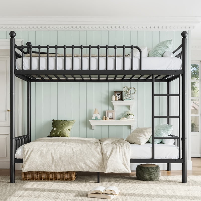 Twin XL over Twin XL Metal Bunk Bed with Curved Guardrail, Round Tube Bedpost Detachable Bed Frame for Kids, Teens & Adults