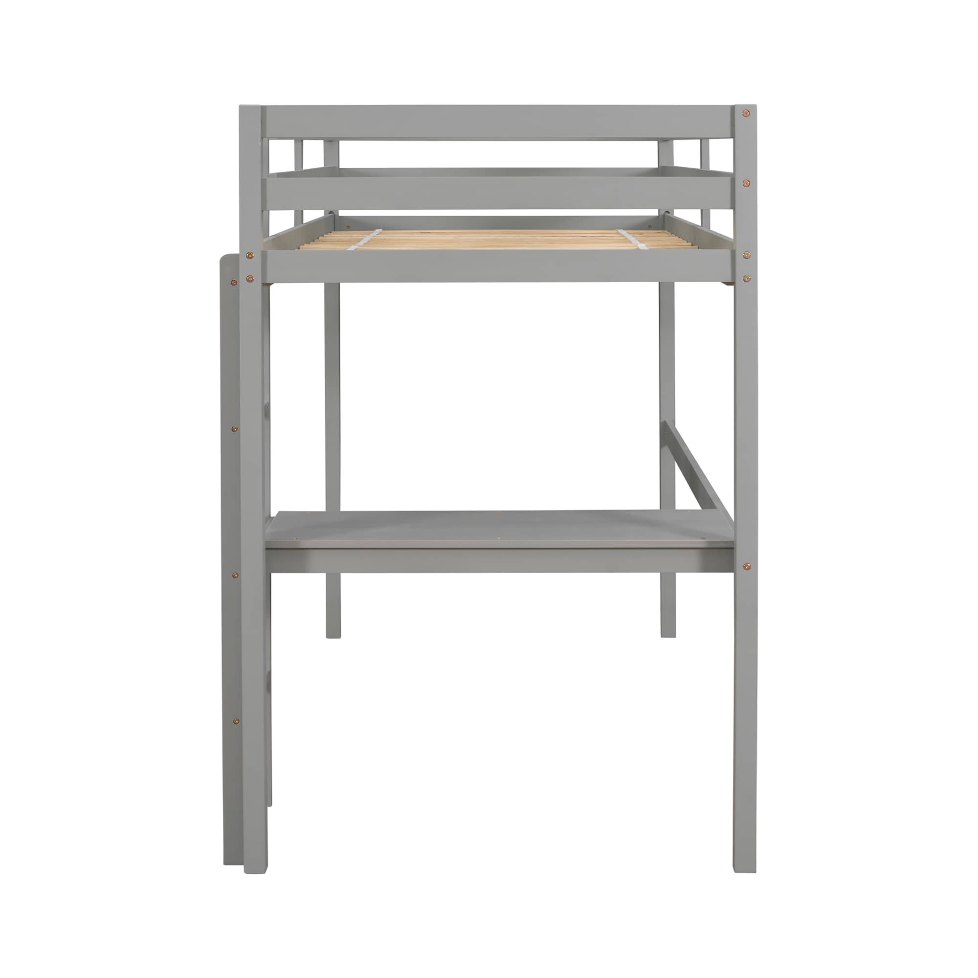 MAYEERTY Twin Loft Bed Pine Wood Bed Frame with Desk Guardrails Ladder,Grey