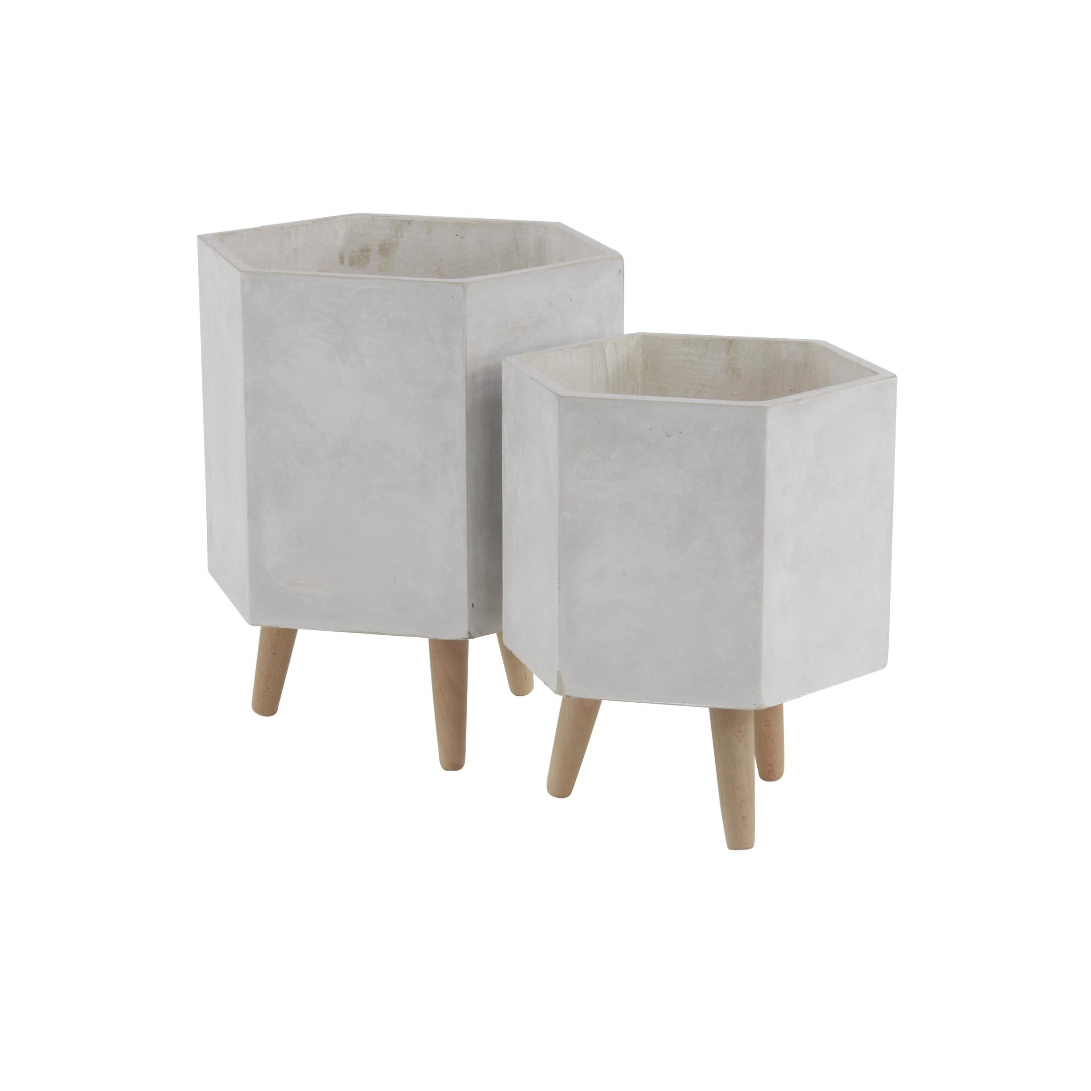 CosmoLiving by Cosmopolitan 15", 17"H Hexagon Light Gray Magnesium Oxide Geometric Planter with Brown Wooden Legs (2 Count)