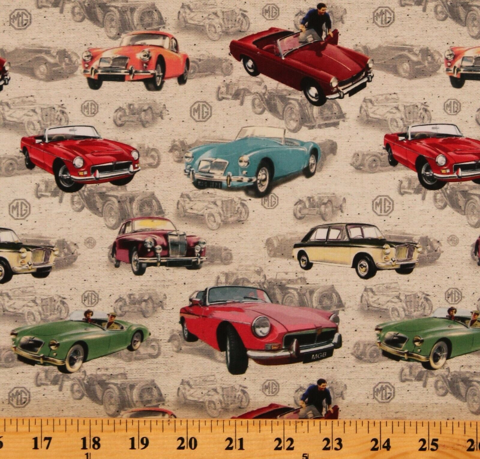 Cotton Classic Cars MG British Motor Cars Sports Cars Allover Gray