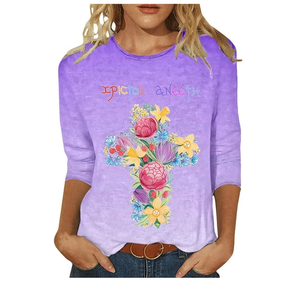 Floral T Shirts 3/4 Length Sleeve Tops for Women Easter Outfit Cross Printed Crew Neck Casual Tee Tshirts (X-Large, Purple 07)