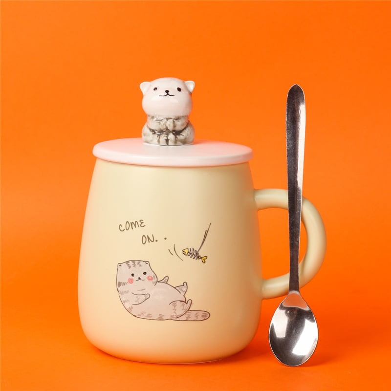 Christmas with Lid and Stainless Steel Spoon,Unique Hot chocolate Novelty mugs Ceramic Coffee mug,Cute Cat Handmade Tea Cups Birthday for Girls Women White B 